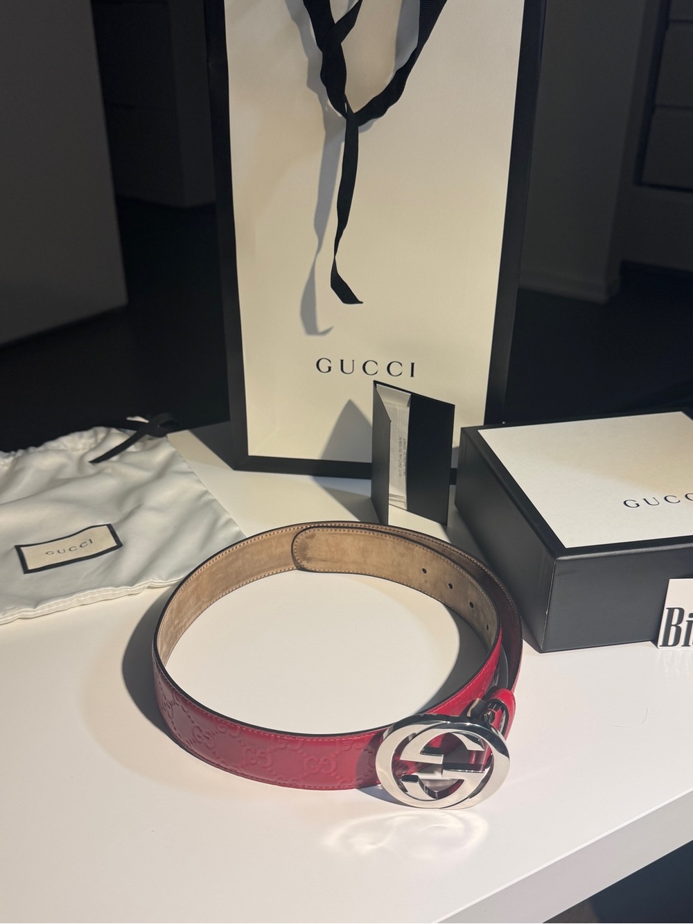 Gucci Red Patent Leather Belt with Silver Double G Buckle
